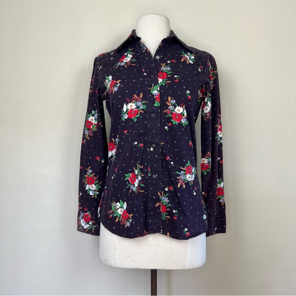 vintage 1950s western shirt black pearl snaps floral print dagger collar hippie - Picture 7 of 14